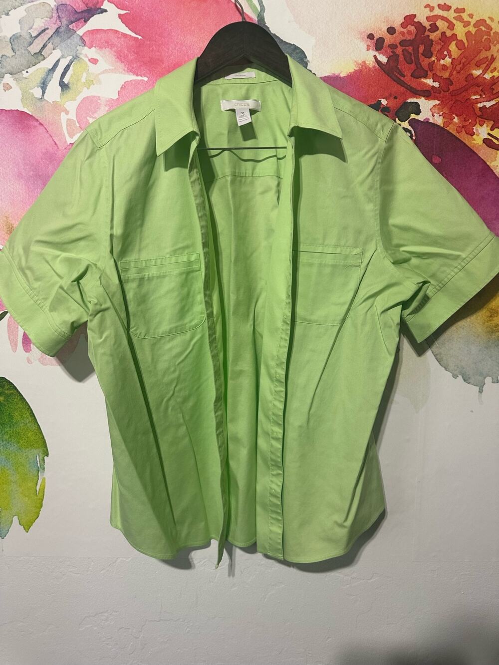 Chicos Button Up Short Sleeve Shirt - Size 3 - Color Lime Green